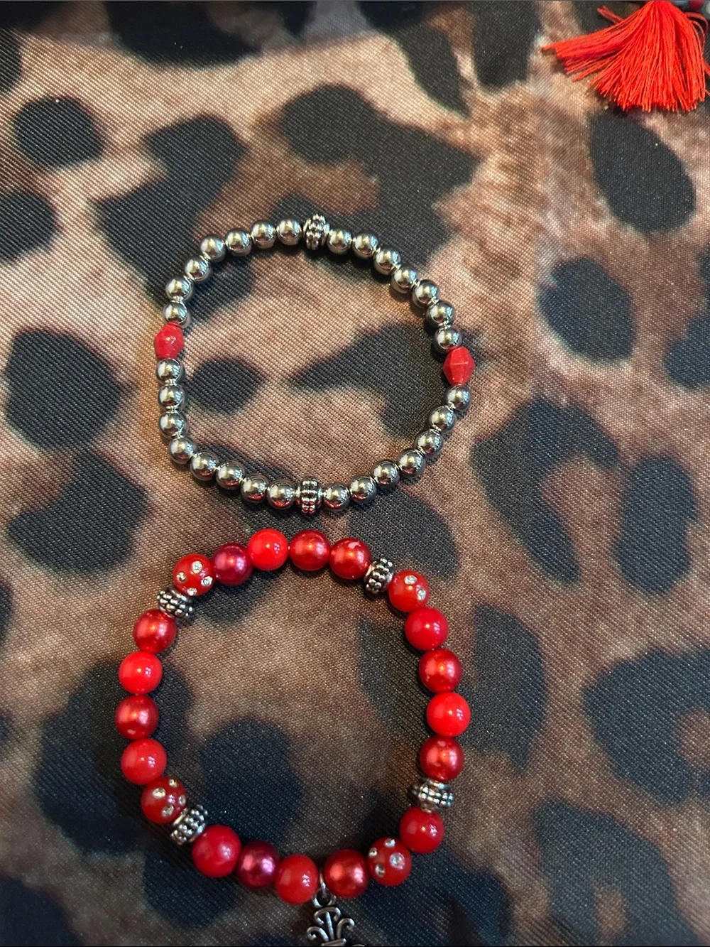 Hand Crafted Red Beaded Bracelet Set with Cross Charm